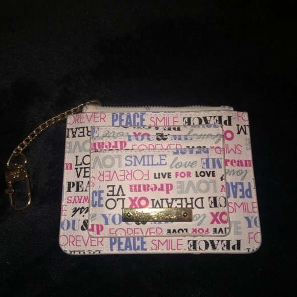 Betsey Johnson Wallet Card Case ID Window & Zip Coin Pouch‎ White Multi Words - Picture 11 of 11